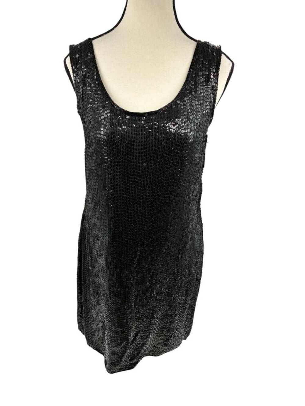 Vintage Creative Creations Black Sequin Beaded Mini Dress Womens L Silk Rayon